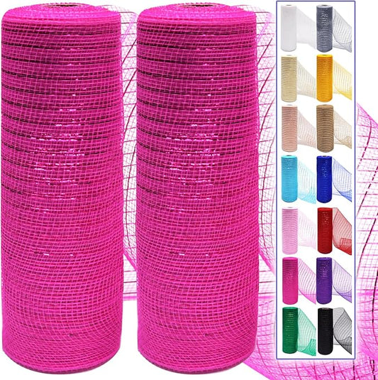 2 Pcs Hot Pink Deco Mesh Ribbon Rolls 10 Inch 10 Yards(30 ft) Decorative Mesh Fabric with Foil for Wreaths Christmas Tree Ribbon Door DIY Craft Halloween Decor Wedding Party Supplies (Hot Pink, 2Pcs)