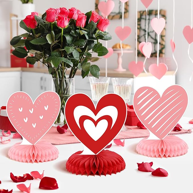 9Pcs Valentine's Day Honeycomb Centerpieces 3D Conversation Heart Tabletop Decorations Red Pink Love Table Topper Centerpiece for Wedding Anniversary Party Home Kitchen Table Decor