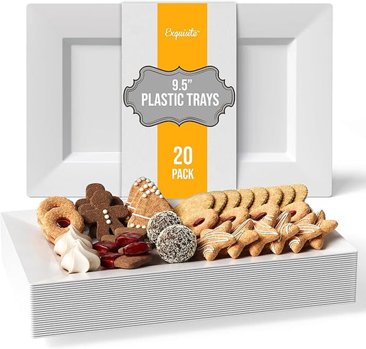 Exquisite Plastic Serving Trays For Party - 20 Pcs 9.5 Inch White Serving Platters, Plastic Trays For Food, White Tray, Food Tray Disposable Platters For Parties, Catering & Buffet