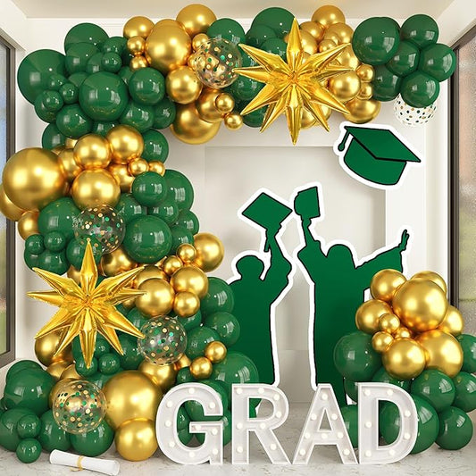 Amandir Green and Gold Balloons Garland Arch Kit for Graduation Party Decorations, 145Pcs Green Gold Confetti Balloon with Foil Star for 2026 Graduation College Congrats Grad Class Birthday Supplies