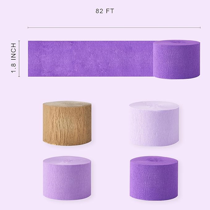 Purple Gold Party Decorations, 8 Rolls Purple Gold Crepe Paper Streamers, for Birthday Anniversary Bridal Shower Wedding Lavender Graduation Mardi Gras Decorations, 1.8 Inch x 82 Ft/Roll