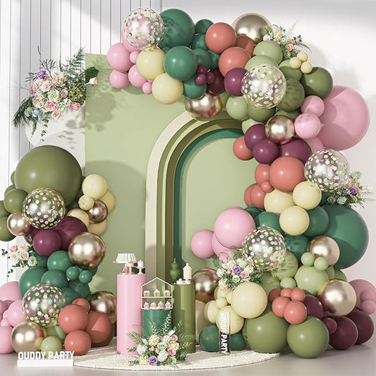Ouddy Party Dusty Pink Green Yellow Balloons Garland Arch Kit, Different Sizes 18 12 10 5 Inch Sage Olive Green Mauve Plum Pastel Pink Latex Confetti Balloon for Baby Shower Birthday Party Decoration