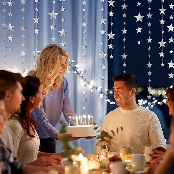 Cheerland 157ft Silver Star Garland Star Party Decorations Hanging Stars Prom Decoration 2026 Graduation Decor Paper Stars Streamer Banner Backdrop Shiny Starry Night Twillight Birthday Party Supplies
