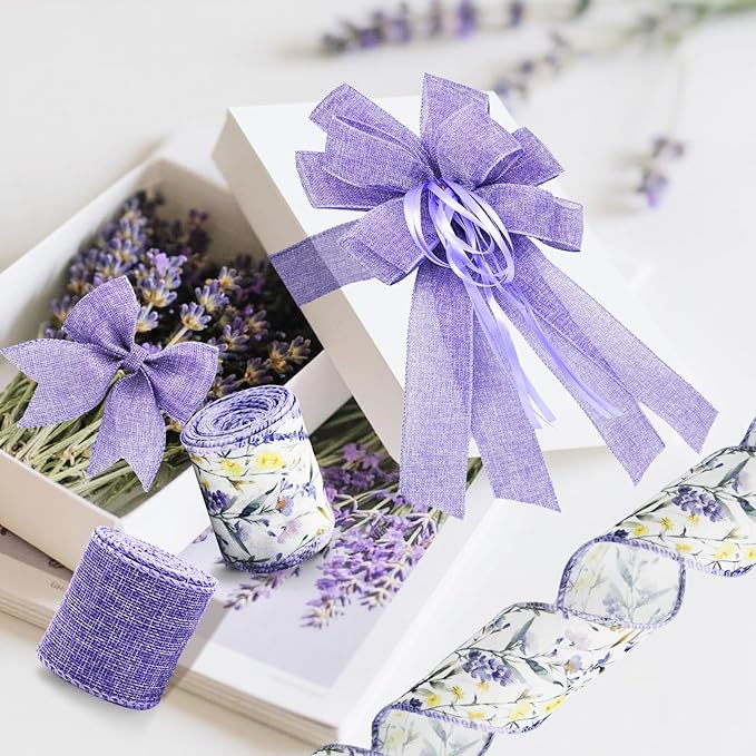 Lavender Floral Wired Ribbon Set, 2 Rolls 2.5 Inch Wide, 10 Yards Total, Rustic Lavender Burlap Ribbon for Wedding Decor, Baby Shower, Wreaths, Spring Summer Home Decor, Mother's Day Decor