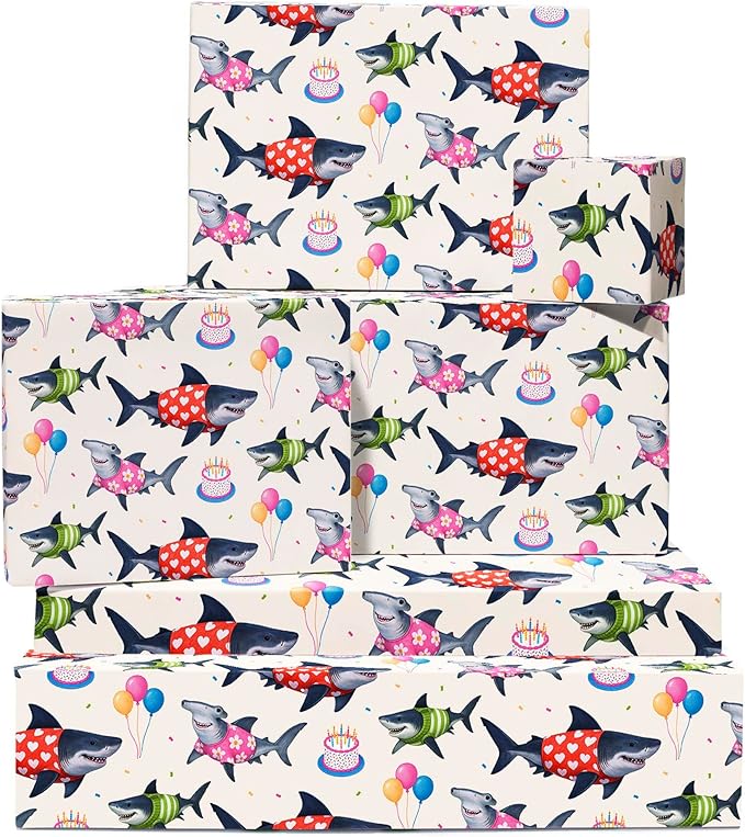 CENTRAL 23 Shark Wrapping Paper - 6 Sheets of White Gift Wrap with Sharks, Balloons, and Cakes - Birthday Wrapping Paper for Kids, Men, Women - Christmas Holiday Events Baby Shower