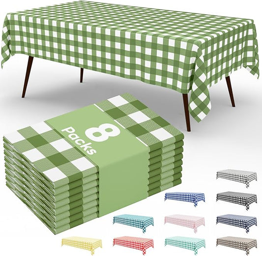 Smiry 8 Packs Gingham Disposable Table Cloth, 54 x 108 Inch Waterproof Plastic Tablecloth, Rectangle Sage Green and White Checkered Table Covers for Picnic, Birthday, Party