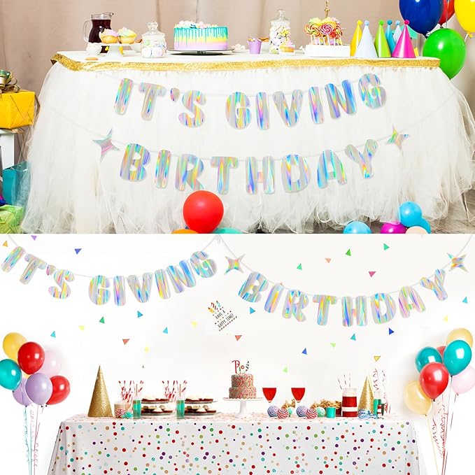 Iridescent It's Giving Birthday Banner, Pre-Strung Fun Birthday Decorations supplies, Cute Party Sign for 21st & Sweet 16 Celebrations & Photobooth Backdrop