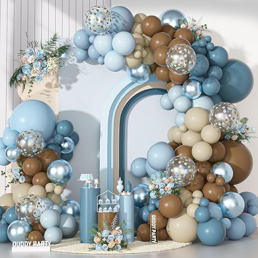 Ouddy Party Dusty Blue Brown Balloons Garland Arch Kit, Different Sizes 18 12 10 5 Inch Pastel Blue Tan Coffee Sand White Nude Latex Confetti Balloon for Bear Baby Shower Birthday Party Decorations
