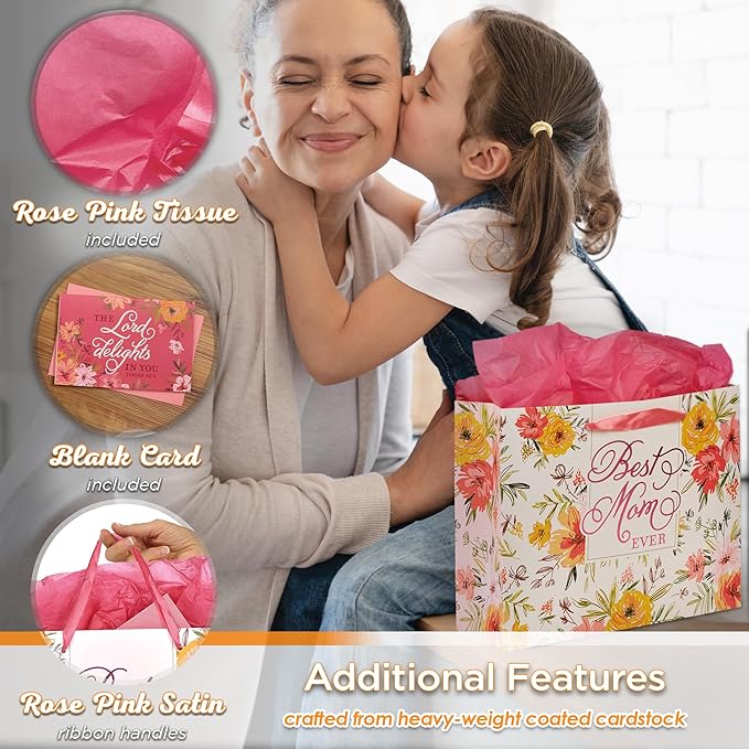 Christian Art Gifts Three Piece Landscape Gift Bag w/Card & Tissue Paper Set for Mothers - Best Mom Ever & The Lord Delights in You - Isaiah 62:4, White, Orange & Pink Multi-Floral Arrangement, Large