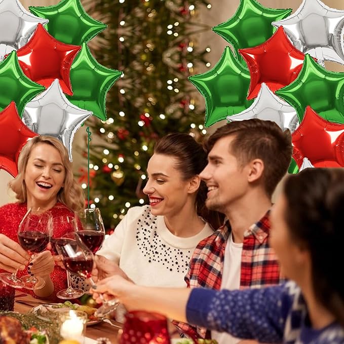 TONIFUL 30Pcs 18 Inch Large Red Green Silver Star Shape Foil Balloons Big Stars Helium Mylar Ballons for Halloween Chrismas Birthday Wedding Baby Shower Anniversary Engagement Party