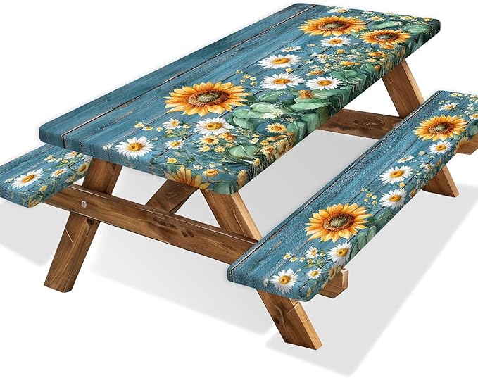 Picnic Table Cover with Bench Covers, Waterproof Elastic Fitted Tablecloths for 6 Foot Rectangle Tables, Outdoor Washable Sunflower Wooden Tablecloth for Camping 30X96in