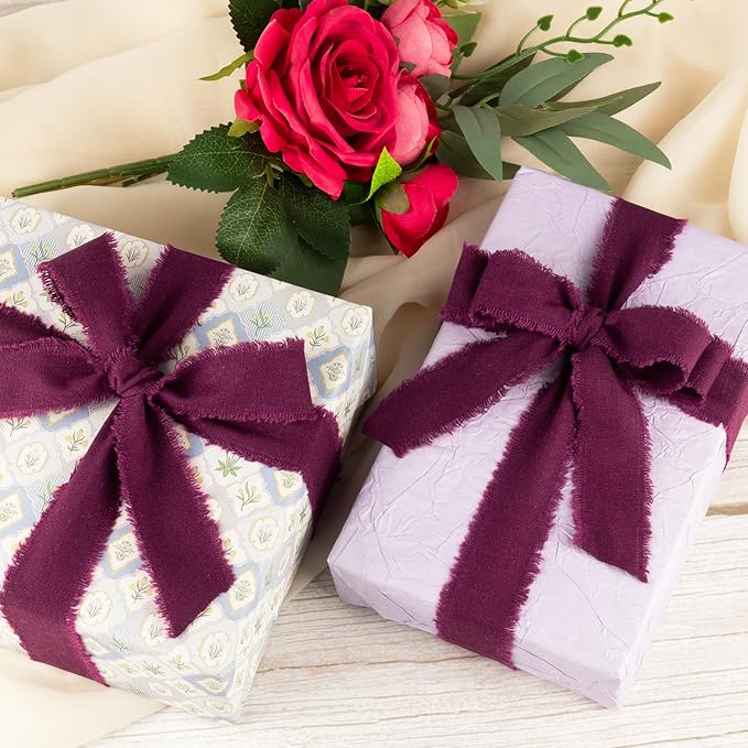 Grape Wine Cotton Ribbon 1 Inch Grape Wine 3 Rolls 21 Yards Frayed Edge Fabric Set for Wedding Decor, Anniversary Celebration, Bridal Bouquet Wrap, Gift Wrapping & Fall Wedding