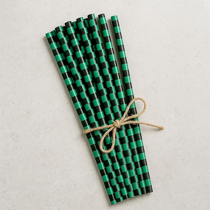 100 Black and Green Checkered Straws - Disposable Paper 7.75 Inch Straws for Demon Anime Themed Party - Party On Tap