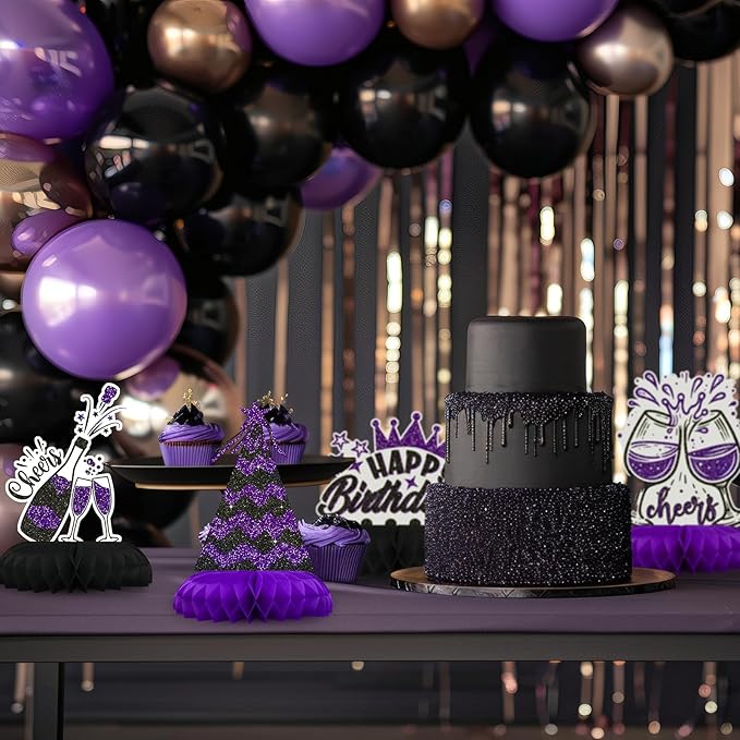 Black and Purple Birthday Decorations – 12PCS Honeycomb Table Centerpieces for Women Men Adults – Happy Birthday Table Decor Party Supplies