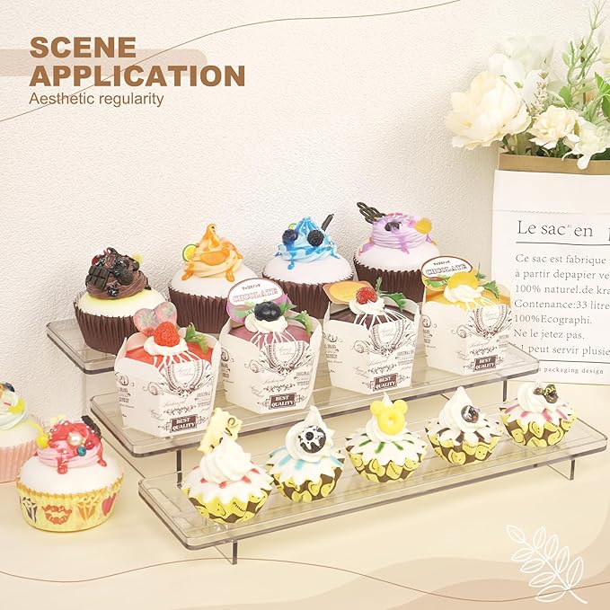 2 Pack 3 Tier Acrylic Stands for Display, 12 inch Clear Display Stand Risers Shelf for Cupcakes Perfumes Figurines, Tabletop Cupcake Stand for Decorating & Organizing(11.8"x9.4"x3")