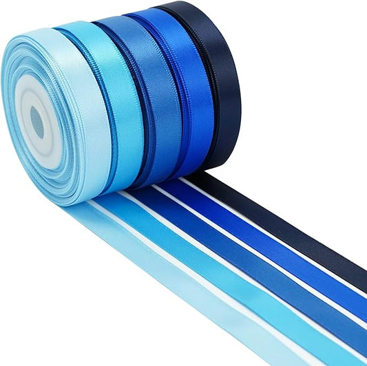 HUIHUANG Blue Solid Color Satin Ribbon Assortment - 5 Colors Double Face Satin Ribbon for Gift Wrapping, Wedding, Baby Shower - 3/8" X 10 Yard Each, Total 50 Yds Per Package
