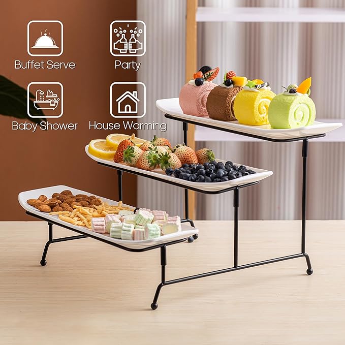 Unbreakable 3 Tier Serving Tray for Party, 13" x 4.9" Melamine Platters for Serving Food, White Tiered Serving Trays Platters with Black Metal Display Stand for Veggie, Fruit, Dessert, Cookies