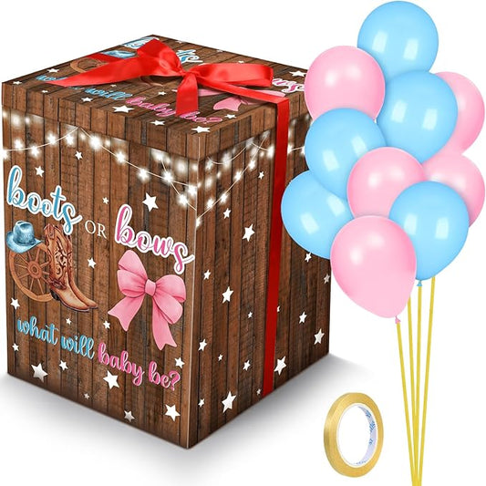 Hungdao Gender Reveal Balloon Box with Ribbon and 10 Pink and Blue Balloons Gender Reveal Games He or She Open to See for Party Decoration 12"x12"x16"(Boots and Bow)