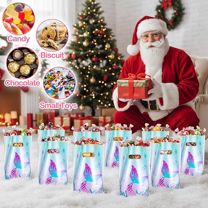 Matwsec 50 Pcs Mermaid Goodie Bags Plastic Gift Bag Christmas for Party Favor Under The Sea Goodie Bag Mermaid Tail Treat Bags with Handles for Candy Girls Kids Birthday