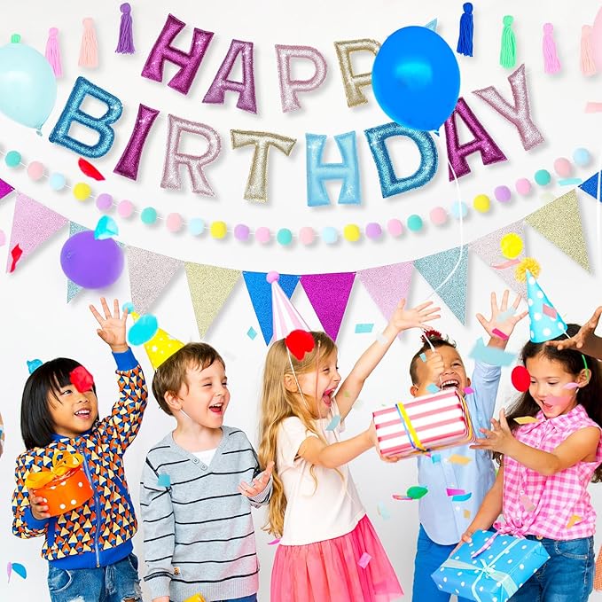 Mindsoft 5 Pcs Pre-strung Unicorn Glitter Happy Birthday Banner Set, Felt Happy Birthday Garland with Ball Garland, Pennant Flags and Tassels, Birthdays Party Decorations for Kids and Adults