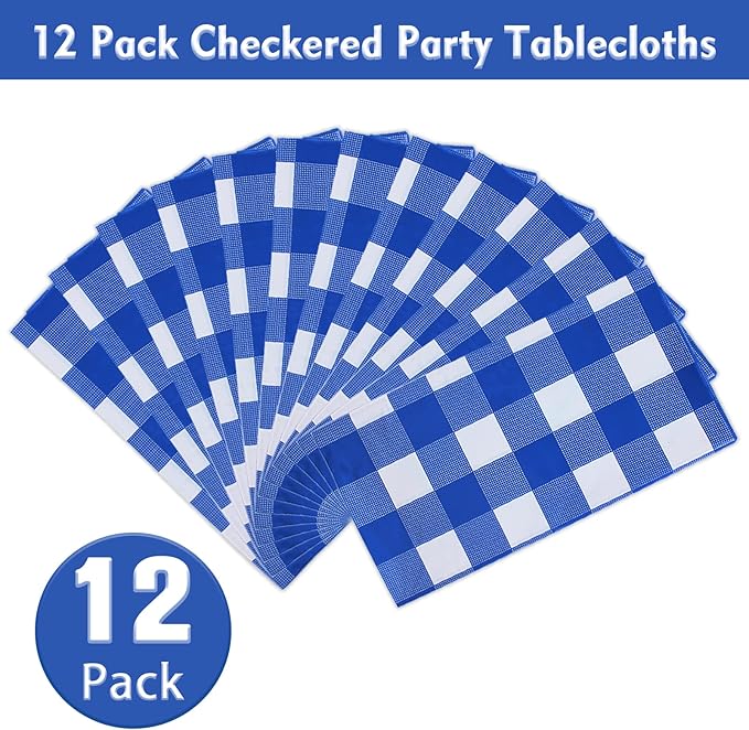 Kesfey 12 Packs Bule and White Checkered Tablecloths Party Picnic Disposable Table Covers 54 × 108 Inches Splashproof Plastic Checkered Gingham Tablecover for Outdoor Dinners Party Retro Celebrations
