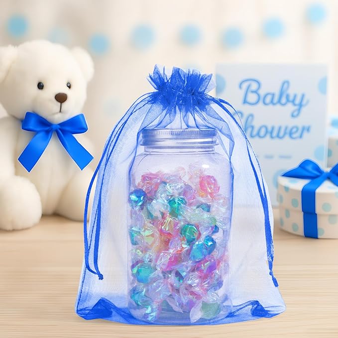 ANZNKU 50 Pack Organza Bags 6x9 Inch, Mesh Bag Drawstring Jewelry Pouches, Large Organza Gift Bags for Easter Baby Shower, Party Favors(Royal Blue)