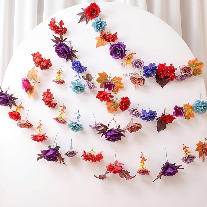 Suncalla 2 Pcs 6.6 ft Artificial Flower Garland Spring Wildflower Vines Backdrop Floral Hanging Ceiling Garland for Tea Birthday Wedding Bridal Shower Baby Shower Backdrop Wall Decor(Dark Color)