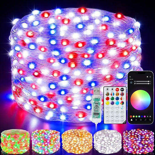 Smart Fairy Lights 33Ft 100 LED Twinkle String Lights with Remote & APP Control, Color Changing USB Fairy Lights Music & Mic Sync for 4th of July Bedroom Holiday Party Decor