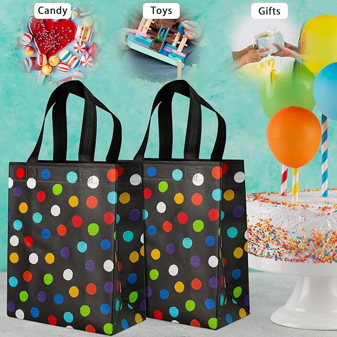 BLEWINDZ 16Pcs Reusable Gift Bags with Tissues - Black Medium Rainbow Polka Dot Party Favor Bags for Christmas, Birthday, Baby Shower, Grocery Shopping, Wedding
