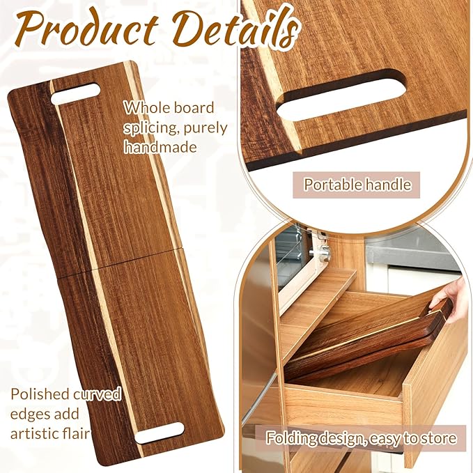 FoldTier Large Acacia Charcuterie Board with Handles 33 x 12 Inch Extra Large Christmas Wood Foldable Serving Tray Rectangular Appetizers Cheese Food Meat Board for New Home Party Housewarming Gifts