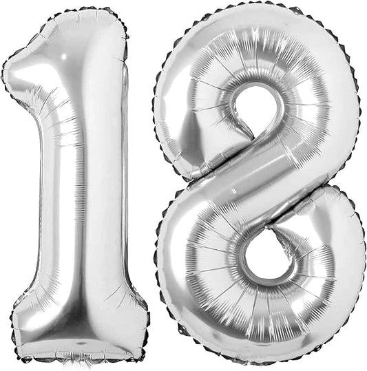 Silver 18 Number Balloons Big Giant Jumbo Large Number 18 Foil Mylar Balloons for Girl Boy Men 18th Birthday Party Supplies 18 Anniversary Events Decorations-40 inch