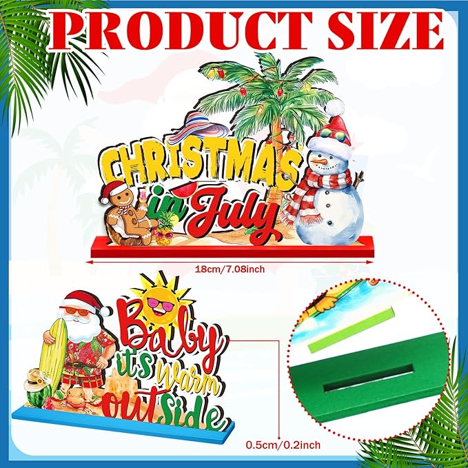 Suzile 6 Pcs Christmas in July Table Decoration July Summer Wooden Table Centerpieces Signs Santa Flamingo Palm Tree Theme Beach Party Decorations Home Table Desktop Favors Supplies