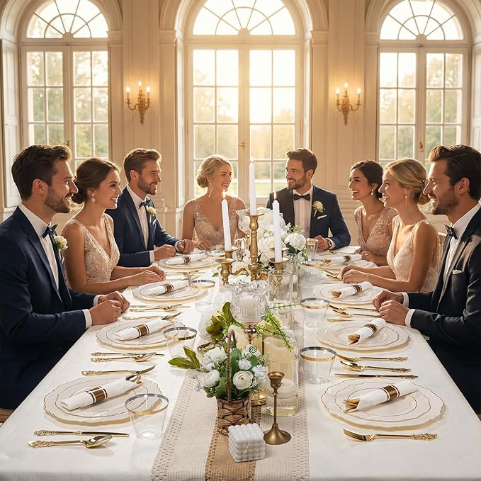 Liacere 350PCS Ivory Plastic Plates-Cream Disposable Plates With Gold Rim-50Guest Baroque Plastic Dinnerware include 100 Plates - 50 Pack Pre Rolled Napkins Silverware 50Cups for Wedding＆Mother's Day