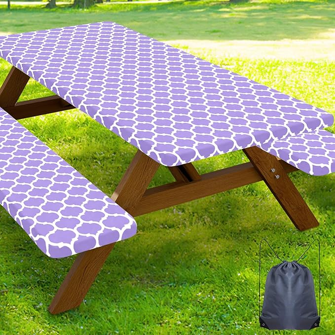Smiry Picnic Table Cover with Bench Covers, Waterproof Elastic Fitted Tablecloth for 6 Foot Tables, Washable Polyester Tablecloths for Camping, Indoor & Outdoor (Lavender, 30x72 Inch 3-pc Set)
