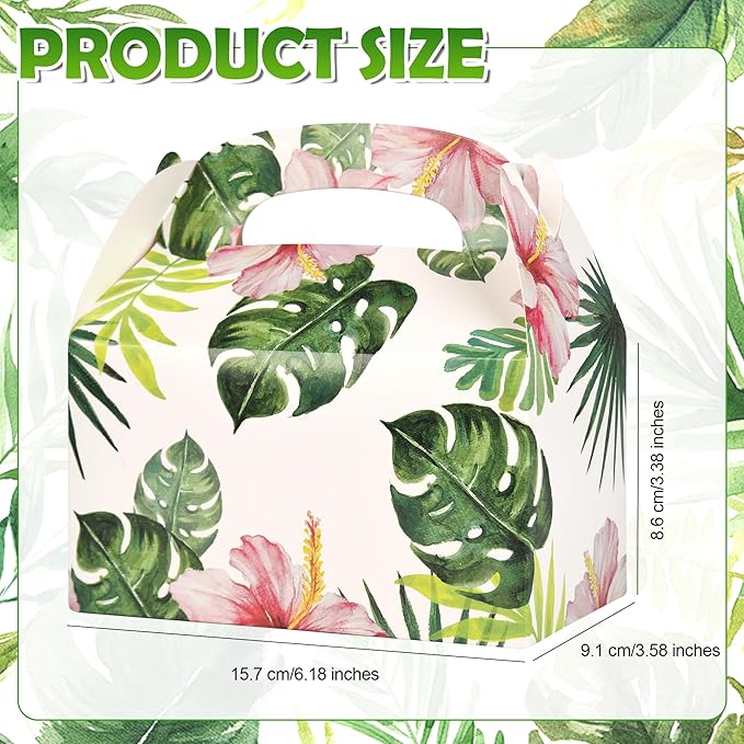 DjinnGlory 36 Pack Hawaiian Luau Party Favor Treat Boxes, Gable Boxes for Wedding, Bridal Shower, Annivesary Parties, All Occasion and Small Bussiness 6.18x3.58x3.39 Inches (Tropical Palm Leaf)