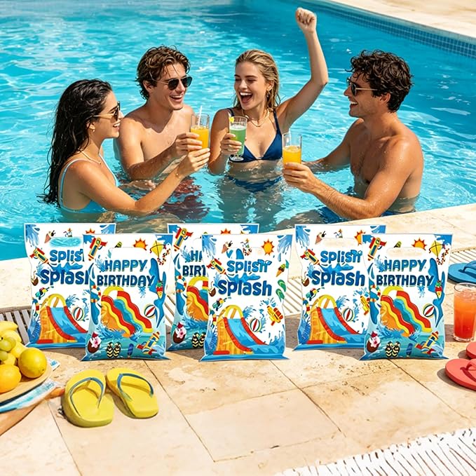 MOIZYNG 50Pcs Splish Splash Summer Birthday Gift Bags with Handles, Blue Splish Splash Happy Birthday Plastic Candy Treat Goodie Bags for Summer Pool Party Favors Supplies