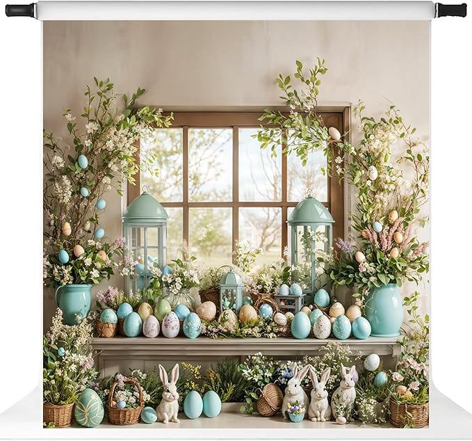 Kate Easter Photography Backdrops Rabbits Colorful Eggs Backdrops for Photoshoot Spring Window Holiday Party Decor Props, 8x8ft