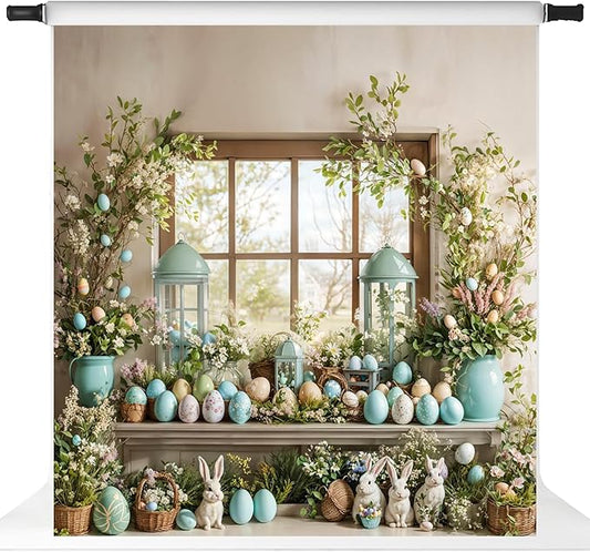 Kate Easter Photography Backdrops Rabbits Colorful Eggs Backdrops for Photoshoot Spring Window Holiday Party Decor Props, 10x10ft