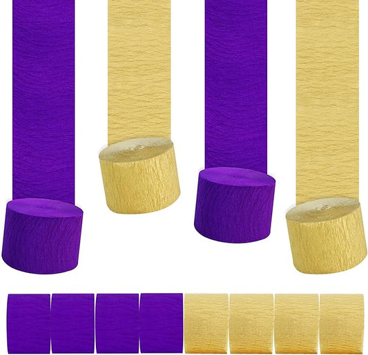 BEISHIDA 8 Rolls Purple and Gold Crepe Paper Streamers for Graduation Lacker Basketball Party Decorations Birthday Baby Shower Wedding DIY Craft Paper(1.8 Inch x 82 Ft/Roll)