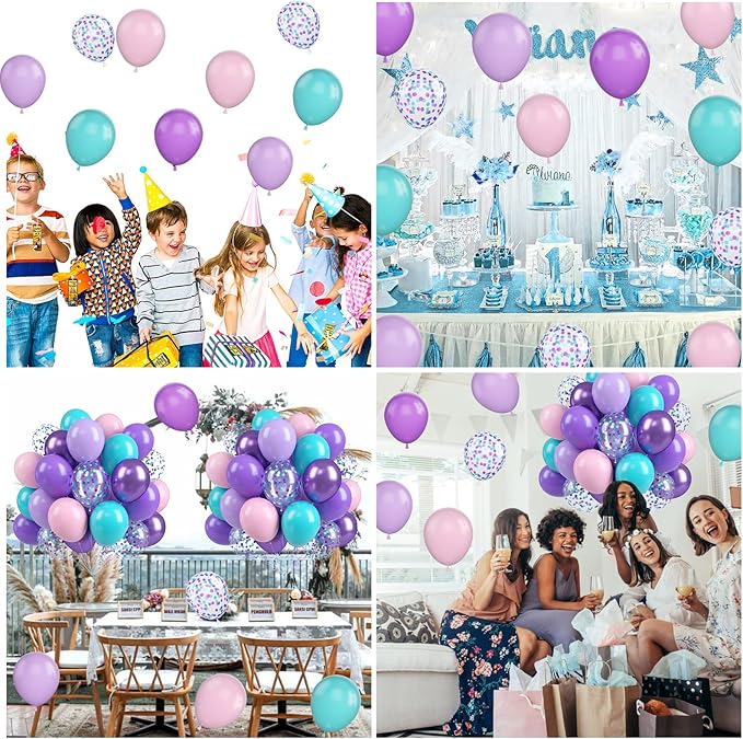 Mermaid Party Balloons, 60PCS Purple Pink Blue Balloons, 12Inch Metallic Purple Teal Blue Confetti Latex Balloon Helium for Girls Mermaid Theme Birthday Baby Shower Wedding Party Decorations