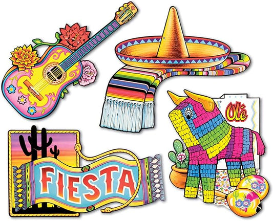 Beistle Fiesta Cutouts, 4-Count Double-Sided Mexican Party Decorations Featuring Sombrero, Piñata, Guitar & Fiesta Sign – Cinco de Mayo or Themed Events, 15.25"–19.25"