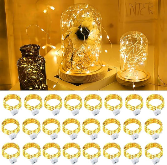pozzolanas 24 Pack Warm White Fairy Lights Battery Operated 3 Modes 7FT 20 LED Waterproof String Lights Twinkle Silver Wire for Mason Jars Wedding Christmas Halloween Party Decor (24, Warm White)