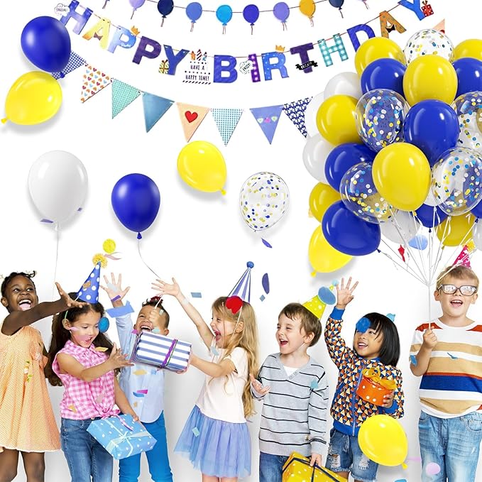 BAUANOOY Blue and Yellow Balloons, 60pcs 12 Inch Royal Blue Yellow White Balloon with Confetti Balloons for Wedding Graduation Baby Shower Birthday Party Decorations