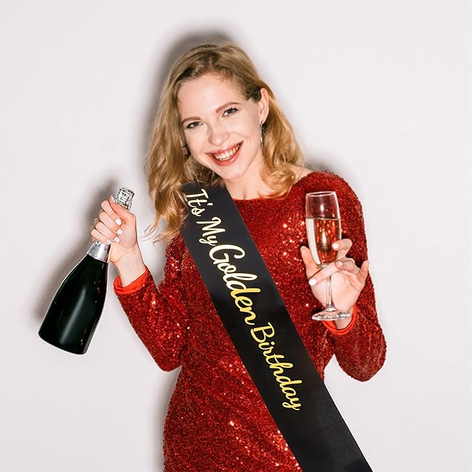 It's My Golden Birthday Sash - Black Satin with Gold Foil Golden Birthday Sash for Women Funny Party Favor Supplies Accessories Gifts for Girls