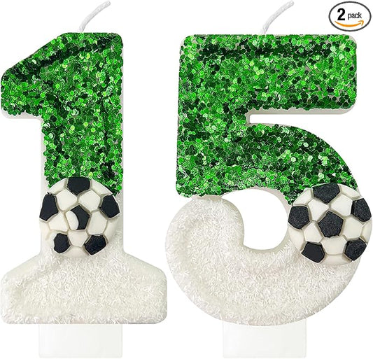 Soccer Birthday Candles Cake Topper for Girl and Boy, Wedding Cakes, Anniversaries, Party Celebrations, Birthday Decorations (Green White, 15)