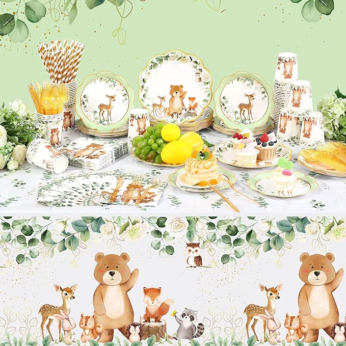 Potchen 452 Pcs Party Supplies Serve 50 Guests, Paper Plates Napkins Cups Cutlery Plastic Tablecloth Dinnerware for Birthday Wedding Party Decoration (Sage Green, Woodland)