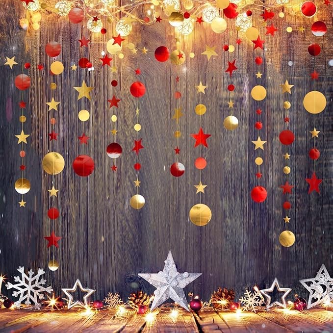 Cheerland Maroon and Gold Party Decorations Red Gold Scarlet Star Circle Garland Hanging Dots Streamer Red Decorations for Chinese New Year Graduation Birthday Anniversary Wedding Bridal Shower Party