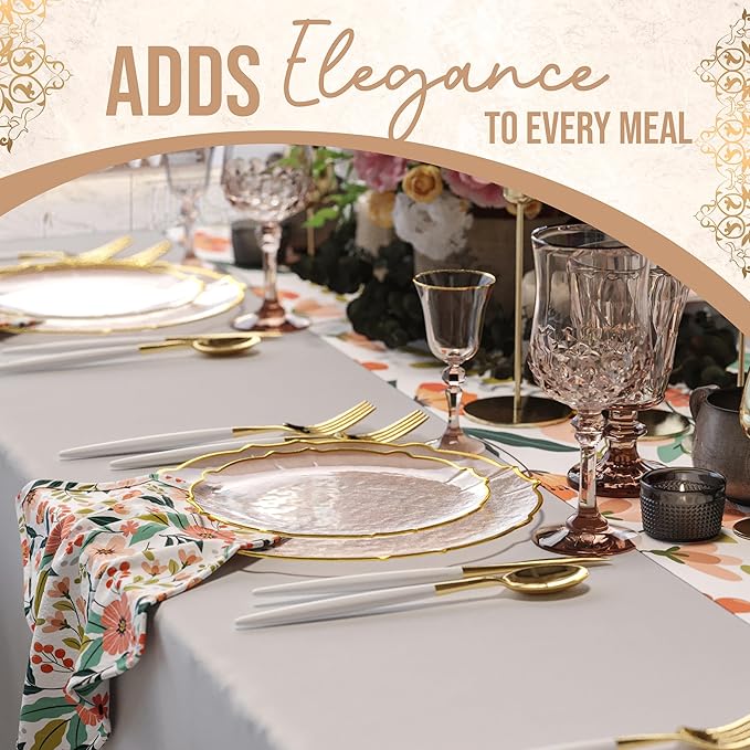Exquisite Tinted Plates - 80 Piece Plastic Disposable Party Set for 40 Guests - 40 X 7.5 Dessert & 40 X 10 Thin Delicate Fancy Plates - Coral Peach with Gold Rim