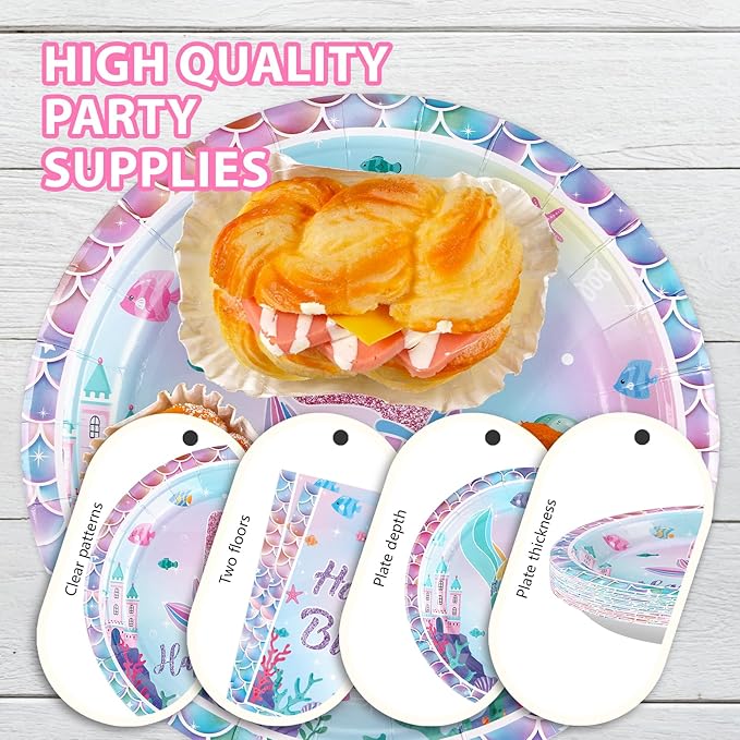 96Pcs Mermaid 5th Birthday Party Decorations Dive Into Five Party Plates and Napkins Disposable Mermaid Ocean Sea Animal Tableware Set for Girls 5 Year Old Little Mermaids Party Supplies Serves 24