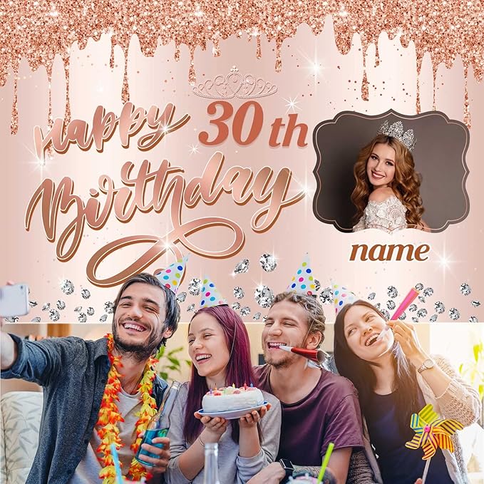 Custom Rose Gold Happy Birthday Backdrop for Girls Women,Personalization Rose Gold Happy Birthday Banner Glitter Diamond Birthday Backdrop Sweet Princess Birthday Photography Background